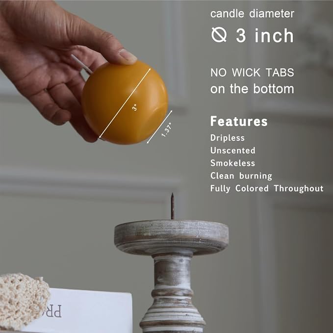 MOZEAL Hand-Poured, 3 Inch Mustard Yellow Round Ball Candles - Elegant Mustard Yellow Round Pillar Candles Set of 3, Dripless, Unscented, Smokeless, Ideal for Autumn Gatherings.