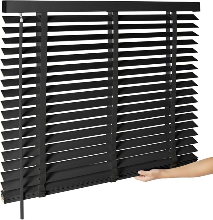 2" Cordless Real Wood Blinds for Indoor Windows, Black, 34" W x 48" H | Horizontal Venetian Blinds with Tilt Wand, Light Filtering, Privacy Control, Easy Installation for Bedroom, Living Room
