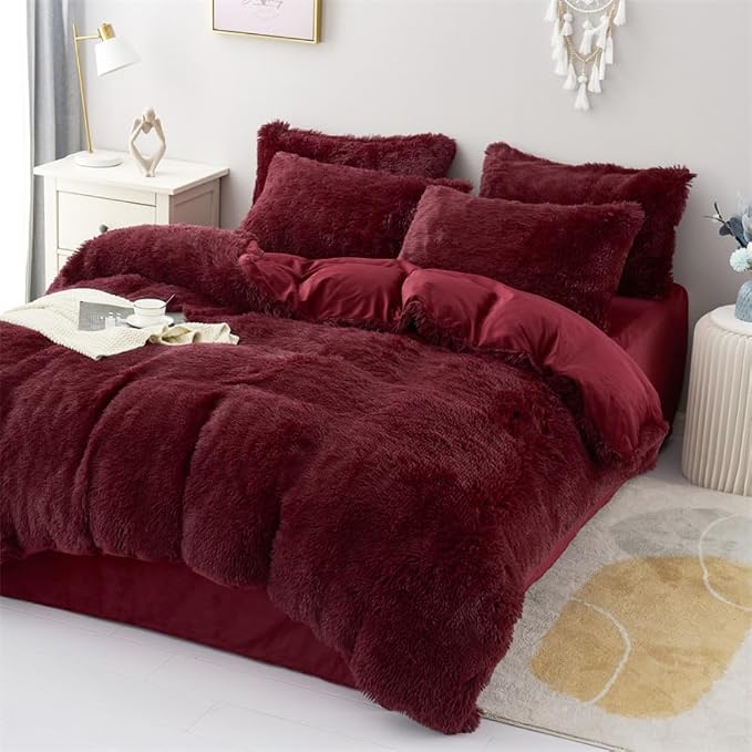 chovy Faux Fur Plush Wine Red Comforter Sets Twin/Full Size - Ultra Soft Shaggy Flannel Velvet Fluffy Fuzzy 3PC Bedding Set (Comforter x 1 Pillowcases x 2)