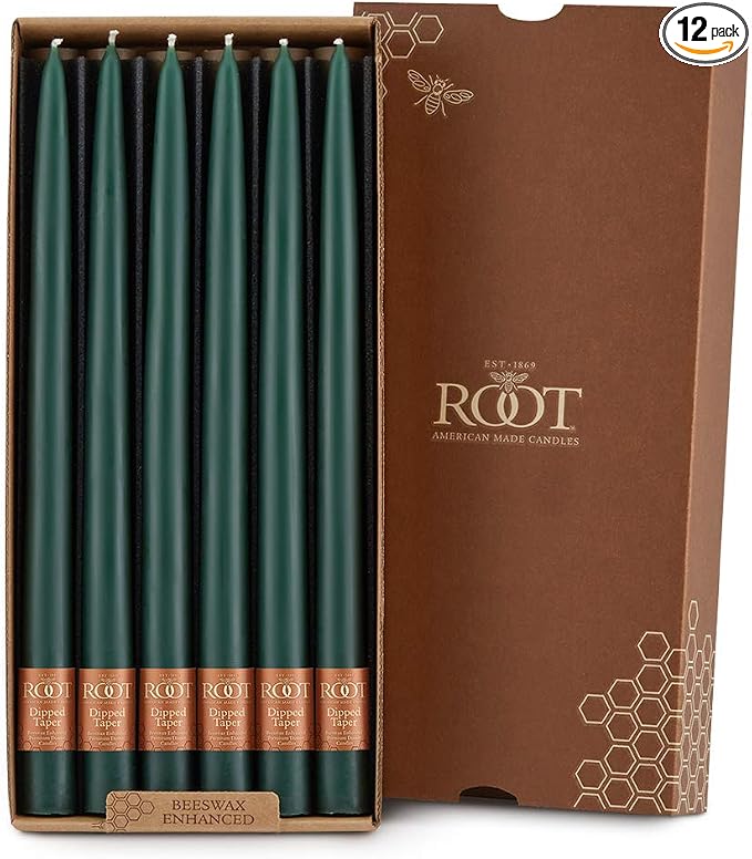 Root Candles 12-Count Unscented Taper Candles Smooth Hand-Dipped Dripless Beeswax Enhanced Boxed Candle Set, 12-Inch, Dark Green