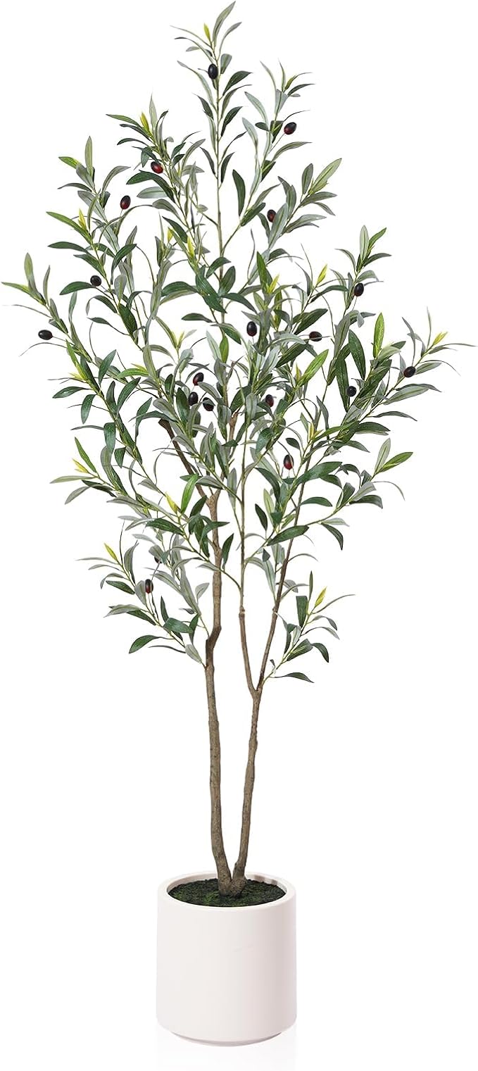 LOMANTO Artificial Olive Trees, 5 ft Tall Fake Olive Trees for Indoor | Faux Olive Silk Tree with White Planter,Large Olive Plants for Home Decor and Housewarming Gift, 1 Pack