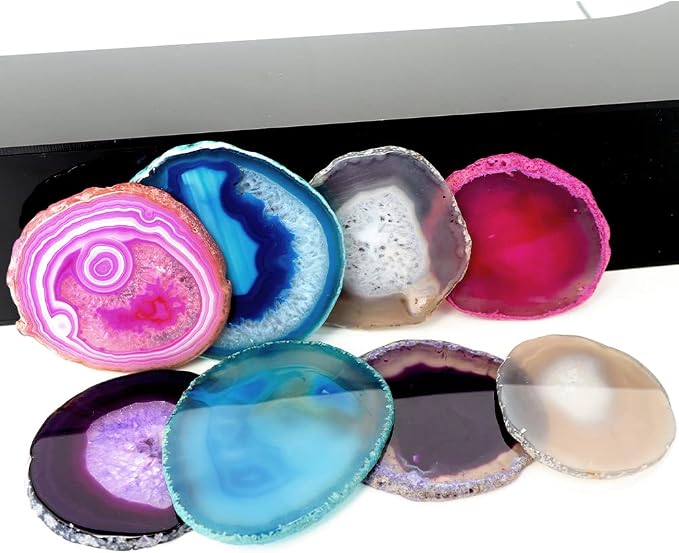 AMOYSTONE Teal Agate Coasters for Drinks - Set of 4 Geode Crystal Quartz Rock Slices With Rubber Bumpers 3-3.5"