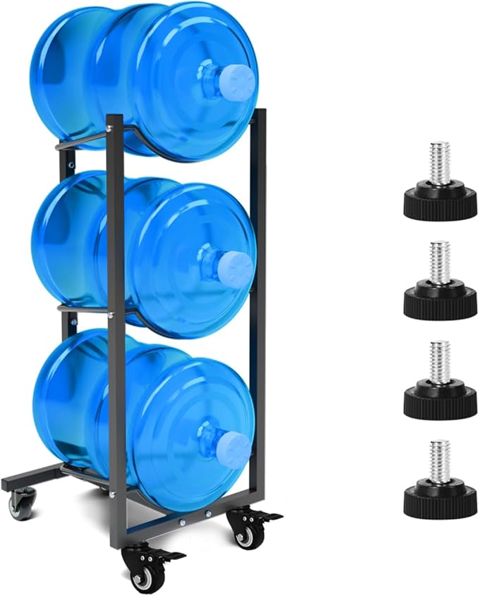 5 Gallon Water Jug Holder with Wheels: 5 Gal Water Bottle Storage Rack Stand for Home Kitchen Office Gym Garage (3 tier)