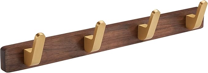 Wall Mounted Coat Rack, Entryway Hanging Coat Rack, Metal Wood Coat Rail with 4 Rustic Hooks Rail for Coat, Scarf, Bag, Towel, Key, Cap, Hat, Walnut Gold Matt