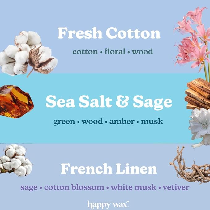 Happy Wax Clean Laundry Mix Premium Scented Natural, Non Toxic Soy Wax Melts – 6 Total Oz. of Scented Wax Melts Includes: Fresh Cotton, French Linens and Sea Salt & Sage