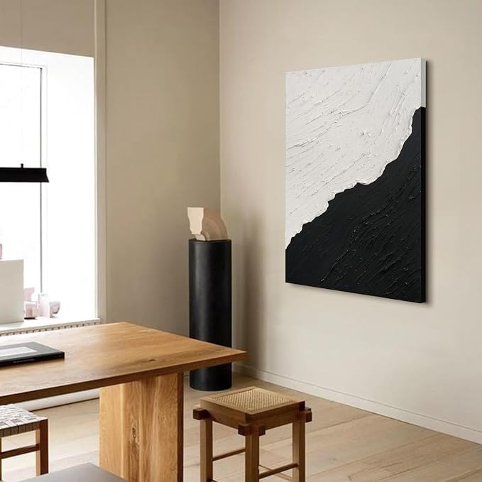 Black & White Abstract Ocean Canvas Wall Art Vertical Textured Oil Painting | Modern Minimalist Neutral Artwork for Office Bedroom Dining Room Decor, Hand-Painted Wall Decor for Living Room, 24x36 In
