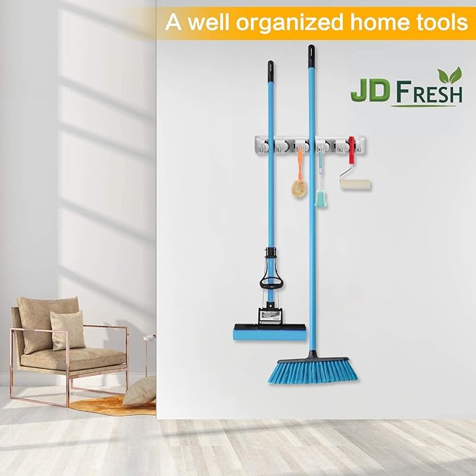 Berry Ave 5 Racks 6 Hooks Mop and Broom Holder Wall Mount, Broom Organizer Storage Tool Rack, Heavy Duty Wall Mount for Brooms and Mops, Utility Closet Garage Kitchen Laundry Organizer