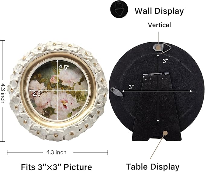SYLVIA'S SHOP 3x3 Small Vintage Round Picture Frame, Mini Antique White Ornate Circle Photo Frame, for Tabletop and Wall Display, Decorative Floral Design Retro Home Decor, Photo Gallery Art