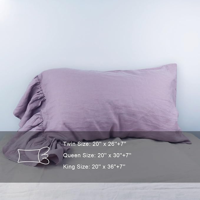 Grey Violet Ruffles Linen Pillowcase, 100% French Linen Pillow Cover, Twin Size 1 Piece Farmhouse Shabby Chic Pillow Case, 20''x26'' Pillowcase with Decorative Ruffle Envelope Closure