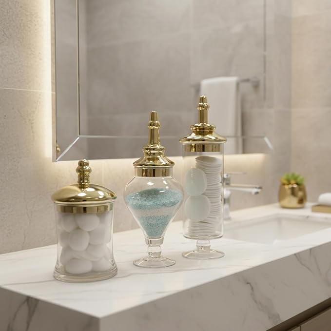 MyGift 3 Piece Set Antique Clear Glass Bathroom Apothecary Jars with Lid, Wedding Centerpiece, Kitchen Storage Jars with Metallic Brass-Tone Design