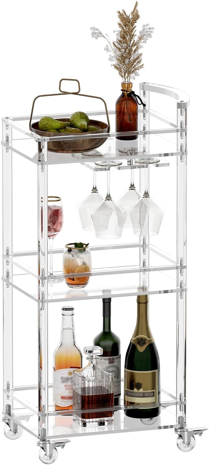 Eglaf Small Acrylic Bar cart, 3 Tier Home Bar Cart with 4 Lockable Wheels | Rolling Serving Cart with Glass Holders, Handle, for Living Room, Kitchen, Bedroom, Bar, 15.6" L x 11.6" W x 35" H