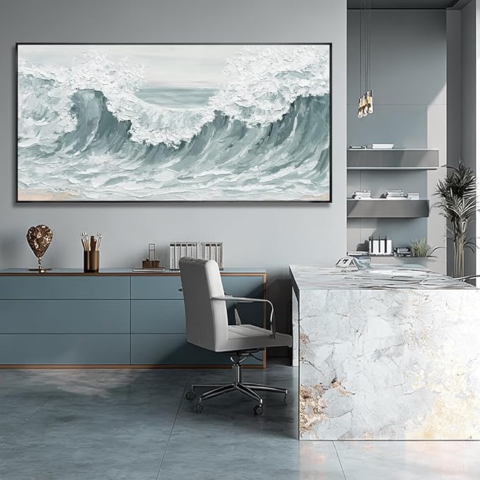 Large Framed Green Giant Waves Abstract Ocean Nature Wall Art Modern Neutral Wall Decor Canvas Print Textured White Painting Pictures for Living Room Bedroom Home 29"x58"
