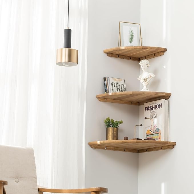 Corner Shelf, Solid Oak Wood Floating Corner Shelf Wall Mount Round End Floating Speaker Shelves with Wire Hole for Small Plant Photo Frame for Bedroom Kitchen, Living Room (Oak, 7.1in)