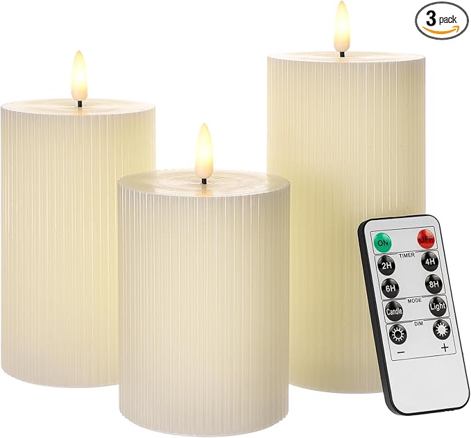ANGELLOONG Ribbed Flameless Pillar Candles with Remote, Set of 3 Ivory Real Wax LED Candles Battery Operated with 2/4/6/8H Timer for Home Decor, Bathroom, Living Room