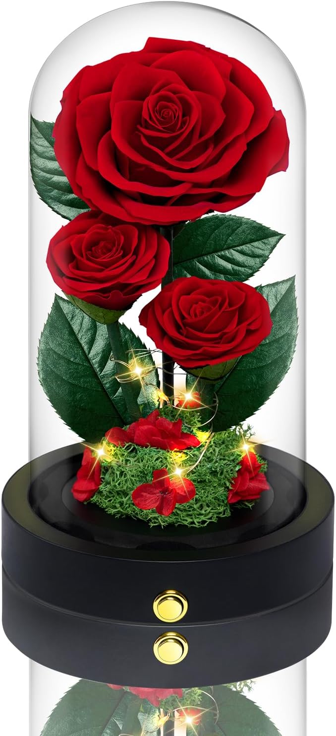 3 Preserved Flowers Roses in Glass Dome for Beauty and The Beast Decor Real Rosas Eternas for Women Mom Birthday,Forever Red Roses for Delivery, Gifts for Wife Girlfriend Her