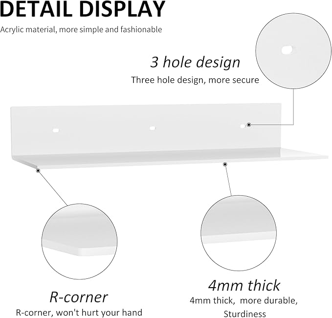 Sezanrpt 2 Pack White Acrylic Floating Shelves 15 Inches, Wall Hanging Bathroom Shelves, Wall Storage Shelf for Kitchen, Dining Room, Living Room, Bedroom, Bathroom, Retail, Supermarket