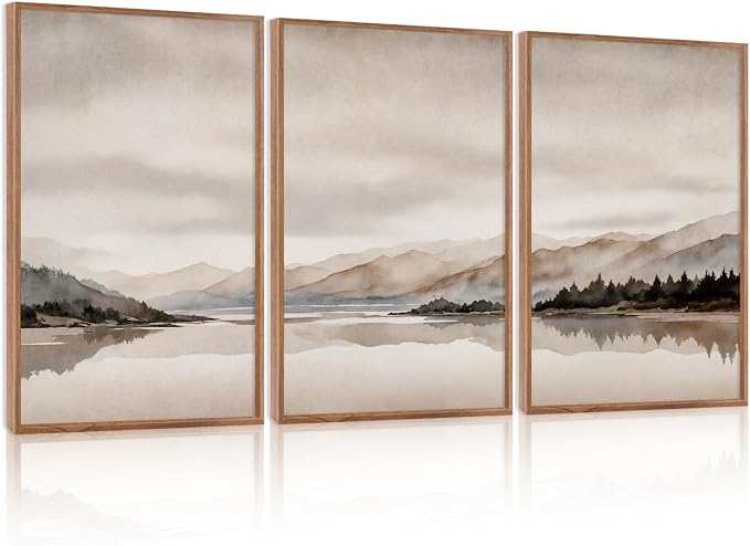 LHIUEM Abstract Mountain Brown Framed Canvas Wall Art,Neutral Watercolor Landscape Wall Decor,Minimalist Grey Beige Lake Artwork for Living Room,Bedroom,Dining Room,Office -24"x36"x3