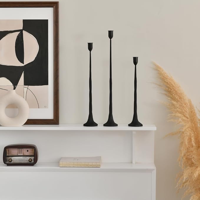 Iron Black Candlestick Holders, Set of 3 Candle Stick Holders,Fits 3/4 inch Thick Candle&Led Candles, Vintage Modern Decorative Centerpiece for Dining Table Centerpiece, Wedding, Party Decor