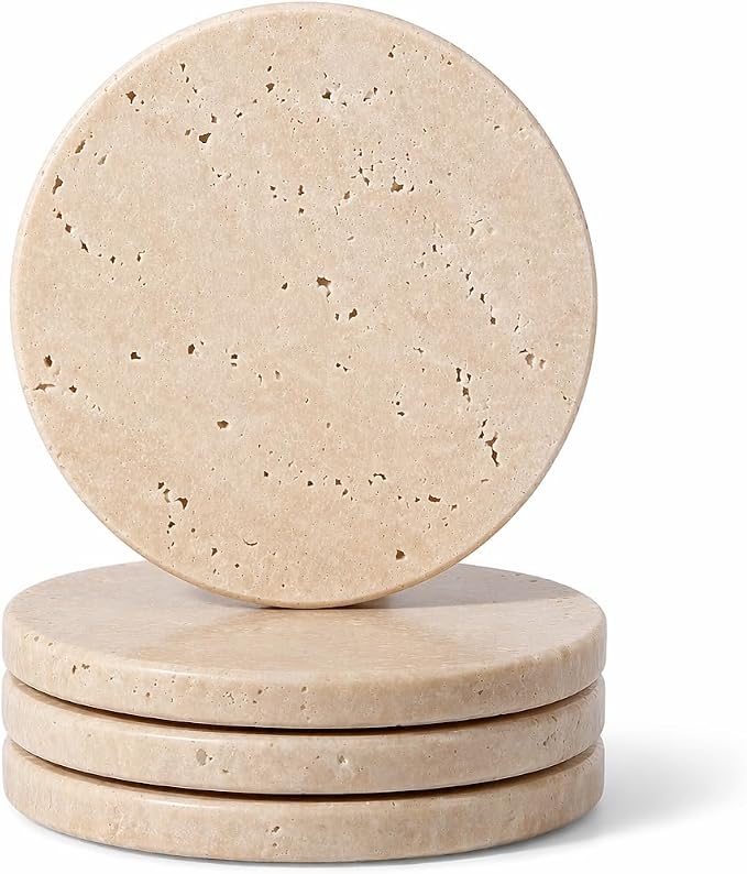 Koville Travertine Coasters, Marble Coaster Set of 4 for Drinks, 4" Round Stone Coasters Set Heat Resistant, Decorative Modern Cup Coaster for Coffee Table Home Bar Decor, Unique Gift Choice(Beige)
