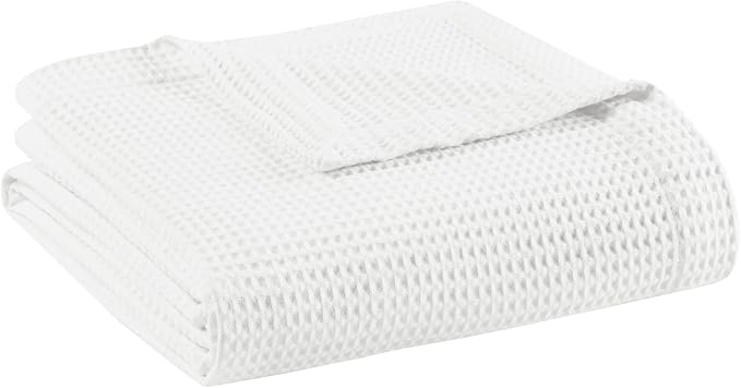 Madison Park 100% Cotton Blanket, Trendy Woven Waffle Weave Design, All Season, Lightweight, Breathable, Soft and Cozy Casual Summer Cover, for Bed, Couch and Sofa, Twin(66 in x 90 in), White