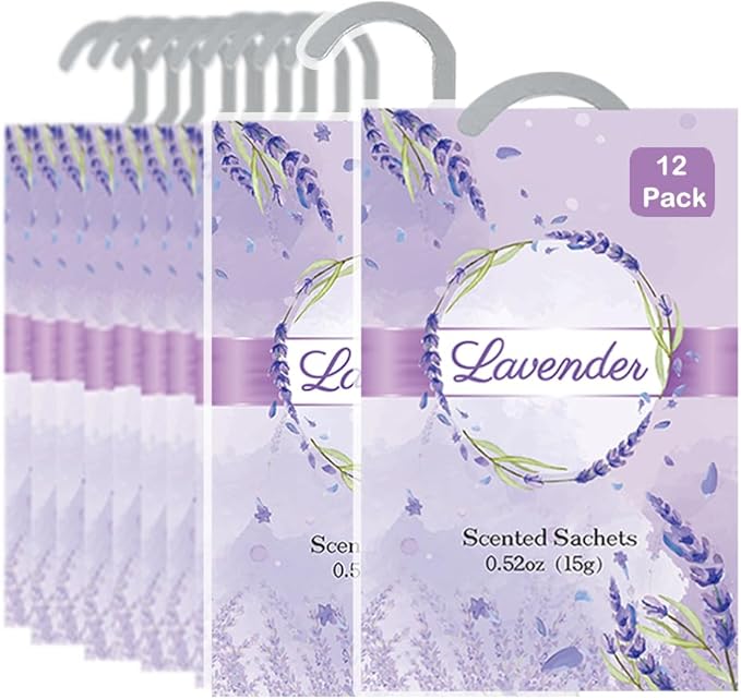 12 Packs Lavender Scented Sachets for Closets and Drawers - Natural Lavender Essential Oil Hanging Bags with Retractable Hook - Ideal for Lingerie, Silk Sheets, Bedding & Nightwear Care
