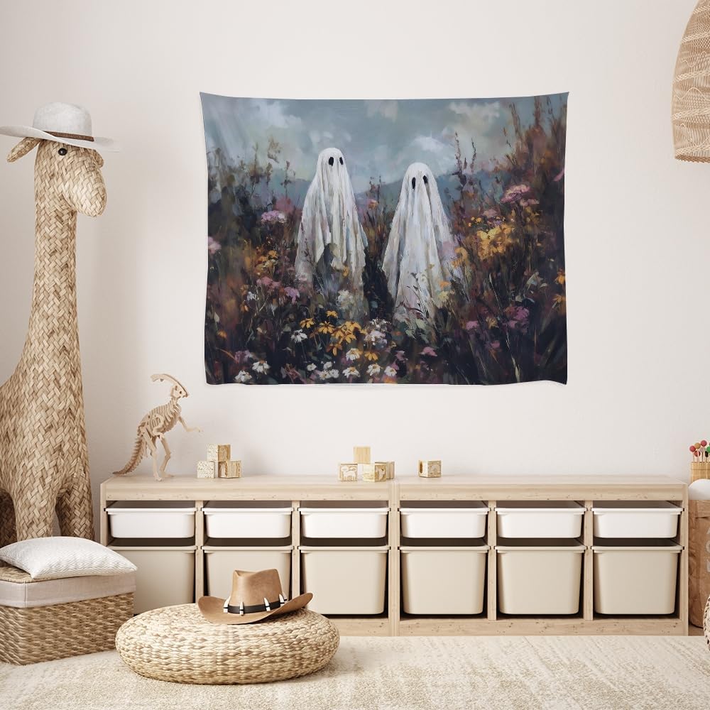 Halloween Ghosts in Wildflowers Tapestry Wall Hanging Spooky Cute Ghost Floral Tapestries Victoria Moody Artwork Aesthetic Print for Goth Living Room Bedroom wall Decor 60x80inch