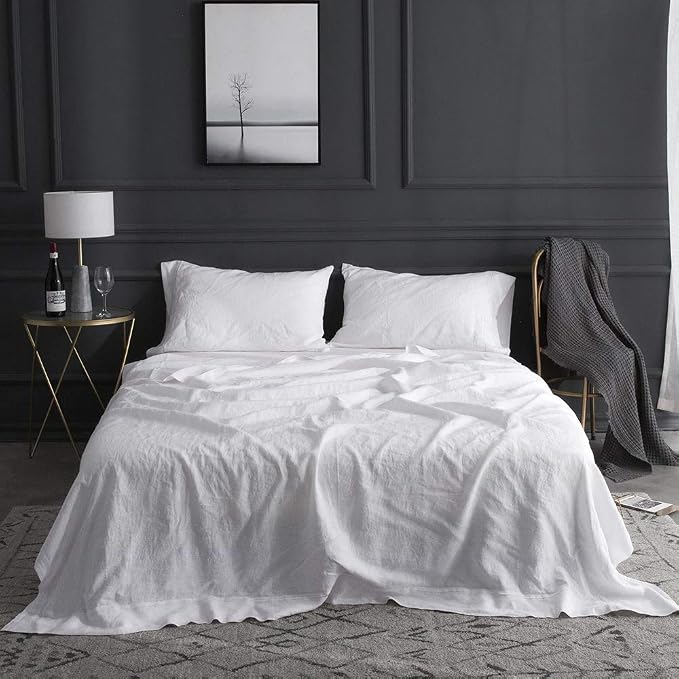 Simple&Opulence 100% French Linen Pillowcase King Size-Set of 2- Washed Solid Color Pillow Cases Embroidered -Soft and Durable (White, 20''x40'')