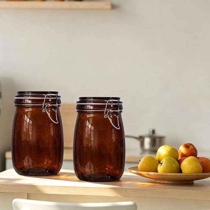 Norme 6 Pack 34oz Amber Airtight Glass Jars with Lids, Round Food Storage Container Airtight Food Wire Clip Fastening for Sauerkraut Flour Kitchen Sugar Cereal Kitchen Canning Pickling Mason Jars