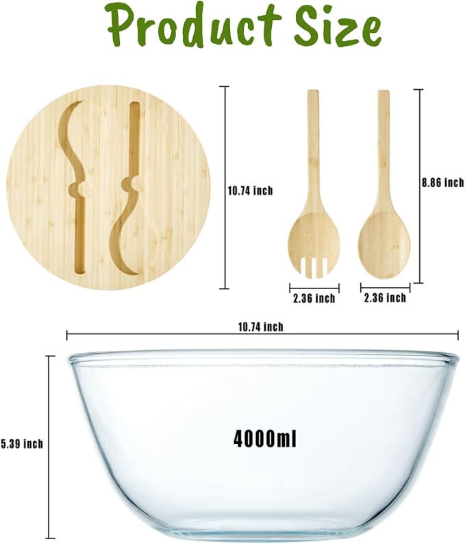 JOYMAY Glass Salad Bowl, 10.7inch Salad Bowl with Lid Thick Glass Mixing Bowls Serving Bowls, 4.7 Quart Large Salad Bowls with Bamboo Utensils, Trifle Bowl Fruit Bowl for Salad, Pasta, Microwave Safe