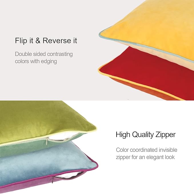 Btyrle Throw Pillow Covers 18x18 Inches Set of 4 Soft Velvet Couch Cushion Covers Modern 8-Colors Rainbow Designsfor Sofa Bedroom Home Decor(Rainbow Series with Edge)