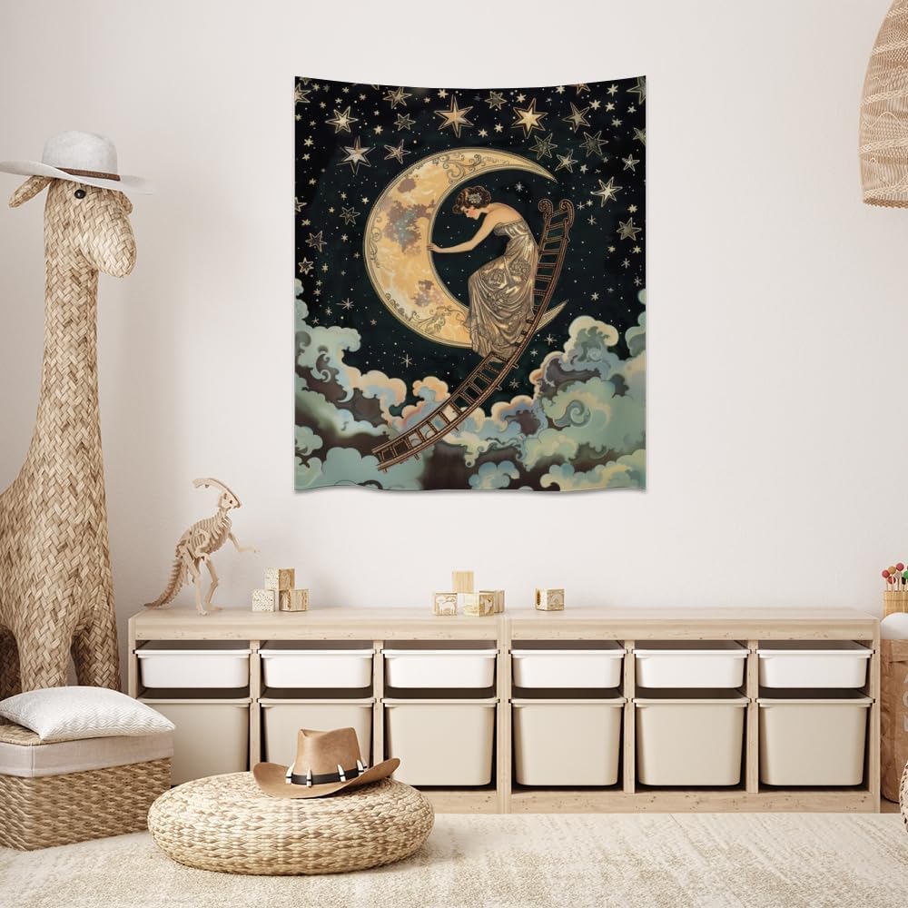 Dark Academia Gothic Aesthetic Tapestry ladder to The Moon and Stars Wall Hanging Print Trendy Vintage Art Nouveau Tapestries Decor for Home Bedroom Living Room 60x80inch