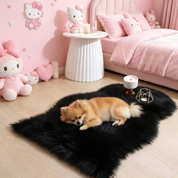 Faux Fur Rug 2 x 3 ft Sheepskin Shaggy Fuzzy Black Area Rug Super Soft Fluffy Plush Carpet for Bedroom Living Room Sofa Floor Kids Room Bedside