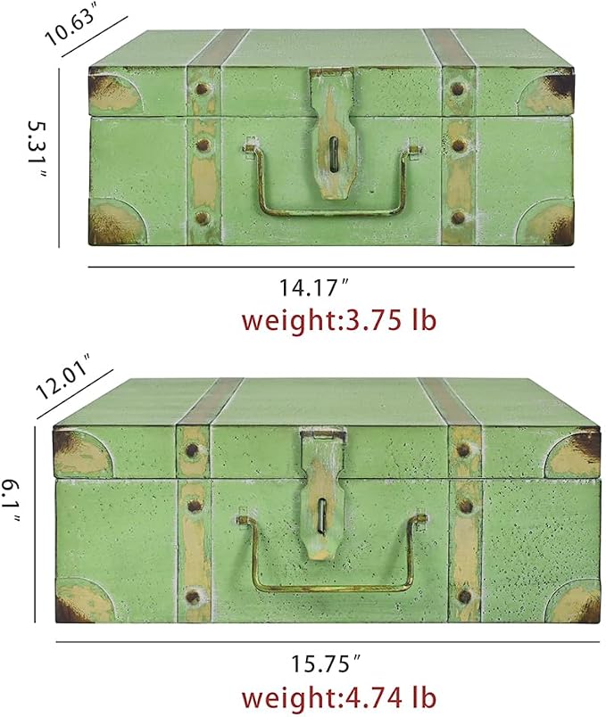 Vintage Metal Storage Trunks - Set of 2, Antique Decorative Storage Chests with Lids, Decorative Suitcase Boxes, Vintage Suitcases for Keepsakes and Home Decor, Green