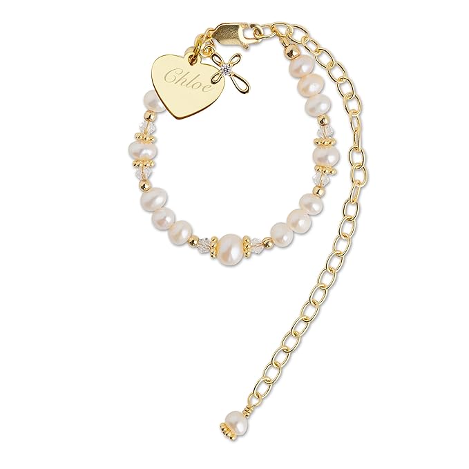 Cherished Moments 14K Gold-Plated Custom Cherished Babe to Bride Cross Bracelet Gift for Infant Baby Baptism or Christening with Cultured Pearls and Engraved Heart