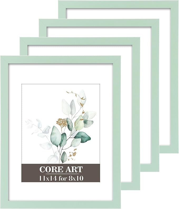 CORE ART 11x14 Picture Frame, Green Picture Frames 8x10 with Mat or 11 x 14 without Mat for Wall or Tabletop Display, Photo Frame Set of 4