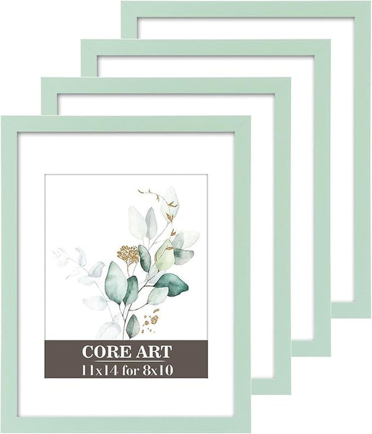 CORE ART 11x14 Picture Frame, Green Picture Frames 8x10 with Mat or 11 x 14 without Mat for Wall or Tabletop Display, Photo Frame Set of 4