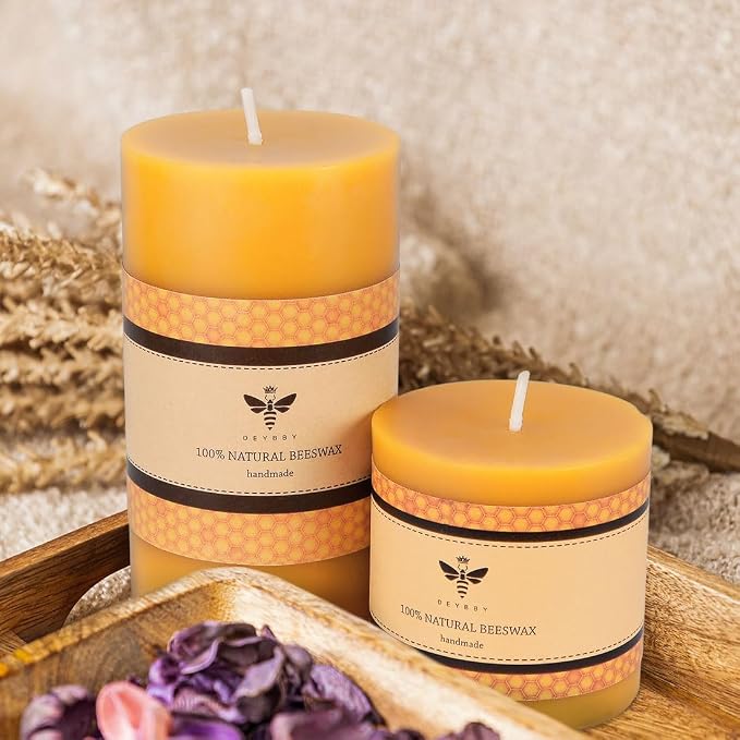 DEYBBY 3x3 inch Natural Beeswax Pillar Candle for Women, Smokeless Dripless Pure Organic Beeswax Candle with Natural Scent for Blackout Home Decoration Bath Relaxation（Yellow）