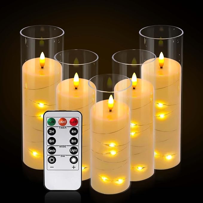 Pack of 5 (D2.2 X H 5" 6" 7") Ivory Flickering Flameless Candles Battery Operated with Remote, LED Pillar Candles with Realistic Moving Wick for Halloween, Christmas, Home Decor.