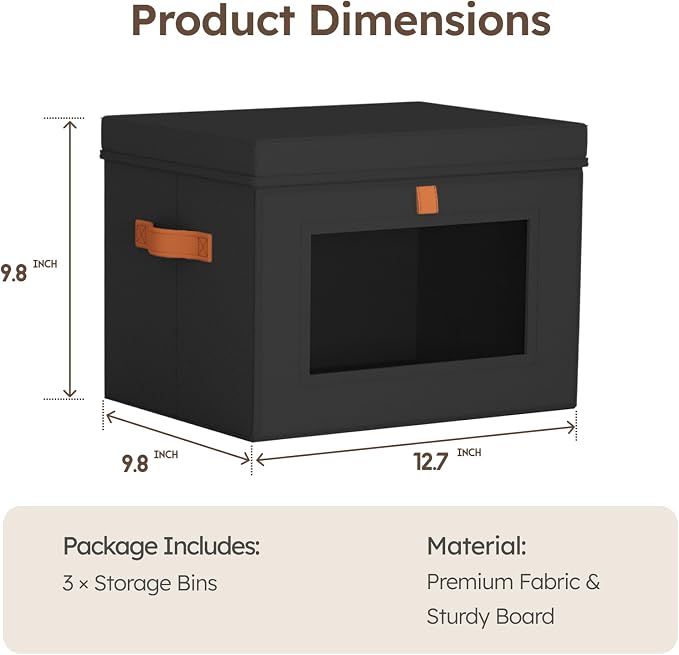 Homsorout Storage Bins with Lids - Front Opening Storage Box with Clear Window & Handles, Stackable Foldable Fabric Bins for Closet Organization, Clothes, Sweaters, Towels, Blankets, 3 Pack, Black