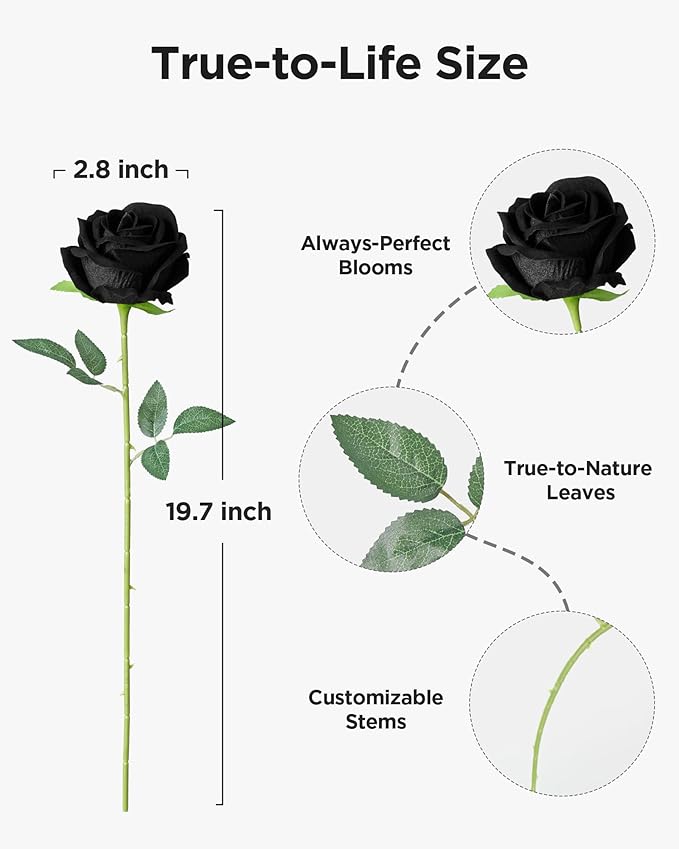 InnoGear 50 Pcs Black Roses Artificial Flowers, Fake Velvet Silk Rose Bulk Faux Flower for Decoration DIY Wedding Centerpieces Proposal Bridal Bouquets Shower Party Home Floral Decor (50, Black)