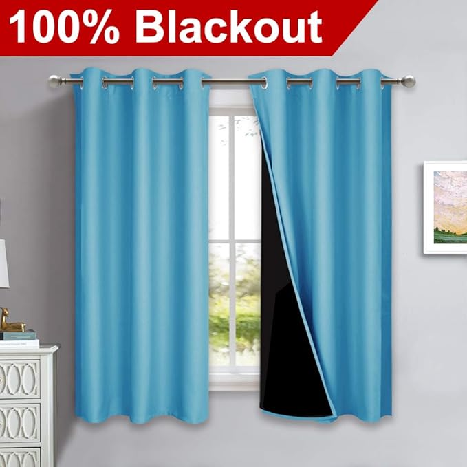 NICETOWN 100% Blackout Curtains with Black Liners, Thermal Insulated Full Blackout 2-Layer Lined Drapes, Energy Efficiency Window Draperies for Bedroom (Teal Blue, 2 Panels, 42-inch W by 63-inch L)
