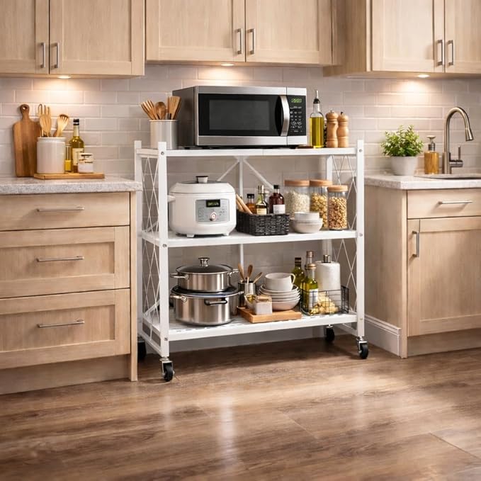 Our Modern Space 3-Tier Foldable Storage Shelf with Wheels | Metal Rack Collapsible Shelving Display | Rolling Cart for Books Kitchen Storage Shelves | Pantry & Closet Organizer | Office Room Decor