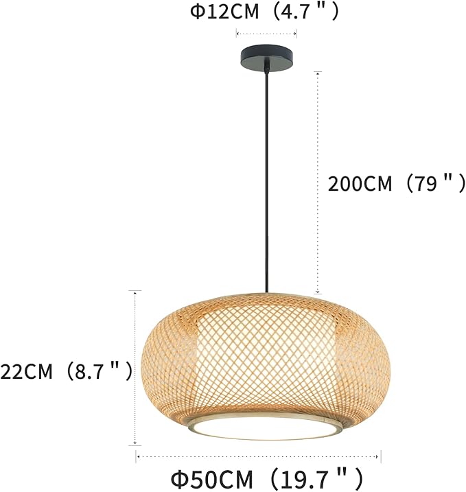 Antique Rattan Lantern Pendant Lighting – 1-Light Natural Bamboo Weave Japanese Hanging Light with Adjustable Cord, Beige Boho Ceiling Fixture for Dining Room, Living Room, Restaurant, Kitchen Island