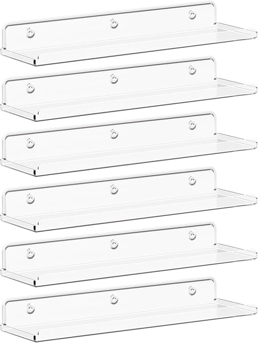 Lifewit Floating Shelves for Bathroom, 15" Acrylic Wall Organizer for Perfume, Makeup, Figures, Nail Polish, Photo, Book, Decor Display Rack for Nursery, Living Room, Bedroom, Kitchen, Clear, 6 Pack