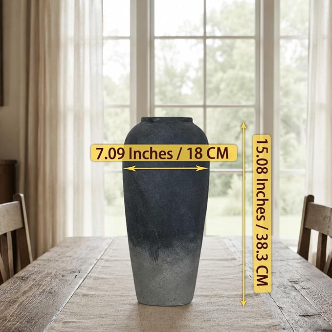 Ceramic Rustic Farmhouse Vase, 15 Inch Black Handmade Pottery Flower Vase for Home Decor, Rustic Living Room Decor, Wedding Gifts, Shelf & Table Decoration