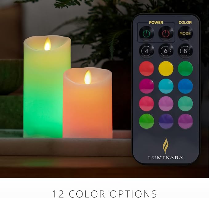 Luminara Flameless Color Changing LED Candle 3" x 4.5", Real Wax Moving Flame, Battery Operated with 18 Button Remote, Unscented Safe