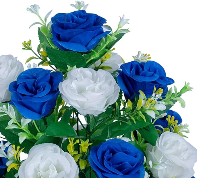 DONODA 2 Sets Artificial Cemetery Flowers， Outdoor Grave Decorations Roses，Accompanied by 2 Long Nail Vases。Lasting and Non-Bleed Colors. (18 Heads (Dark Blue+White))