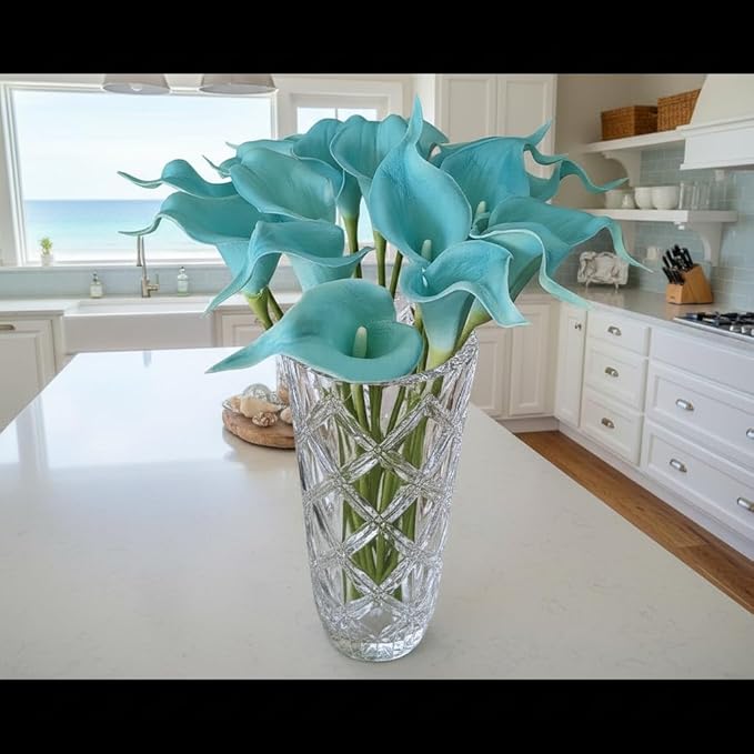 Floral Kingdom Artificial Calla Lily Flowers 20 Pack 14 Inch Turquoise Blue – Real Touch Faux Flowers for Home Decor, Table Centerpieces, Coastal Décor & Weddings