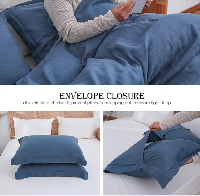 Simple&Opulence 100% Linen Duvet Cover Set 3pcs Basic Style Natural French Washed Flax Solid Color Soft Breathable Farmhouse Bedding with Button Closure - Classic Blue, Full
