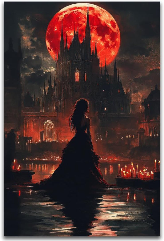 Halloween Witch Poster Canvas Prints Art Vintage Decor,Red Castle Blood Moon and Witch Scene Gothic Painting,Rustic Dark Academia Wall Art for Bathroom Spooky Living Room Wall Decor,16"x24" Unframed